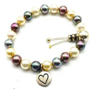 M Signed Multicolor Faux Pearl Stretch Bracelet Silver Tone Classic Career LARP